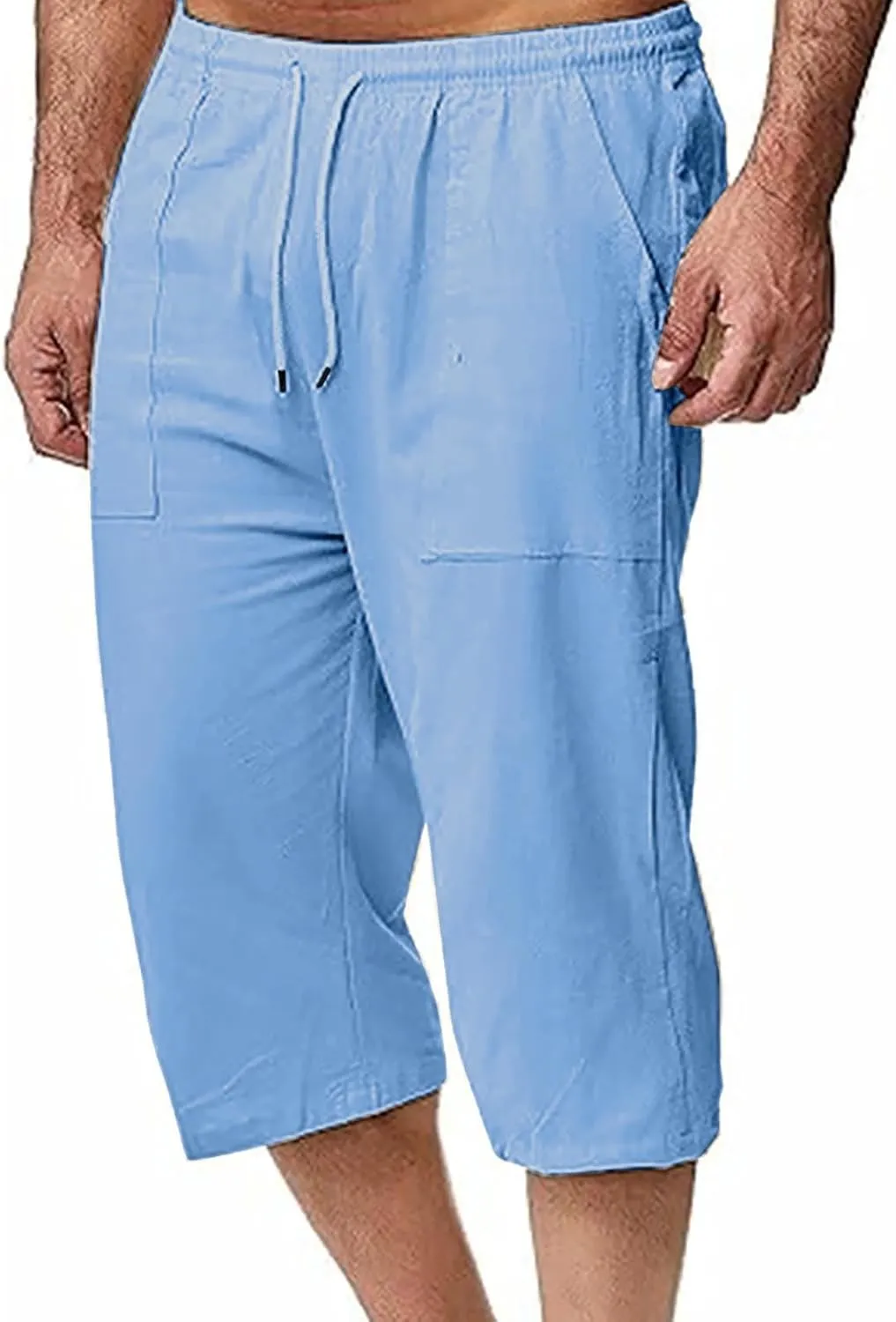 Mens Linen Pants Capri Baggy Beach Pants with Pockets Elastic Waist Drawstring Trousers Casual Loose Cropped Pant