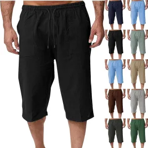 Mens Linen Pants Capri Baggy Beach Pants with Pockets Elastic Waist Drawstring Trousers Casual Loose Cropped Pant