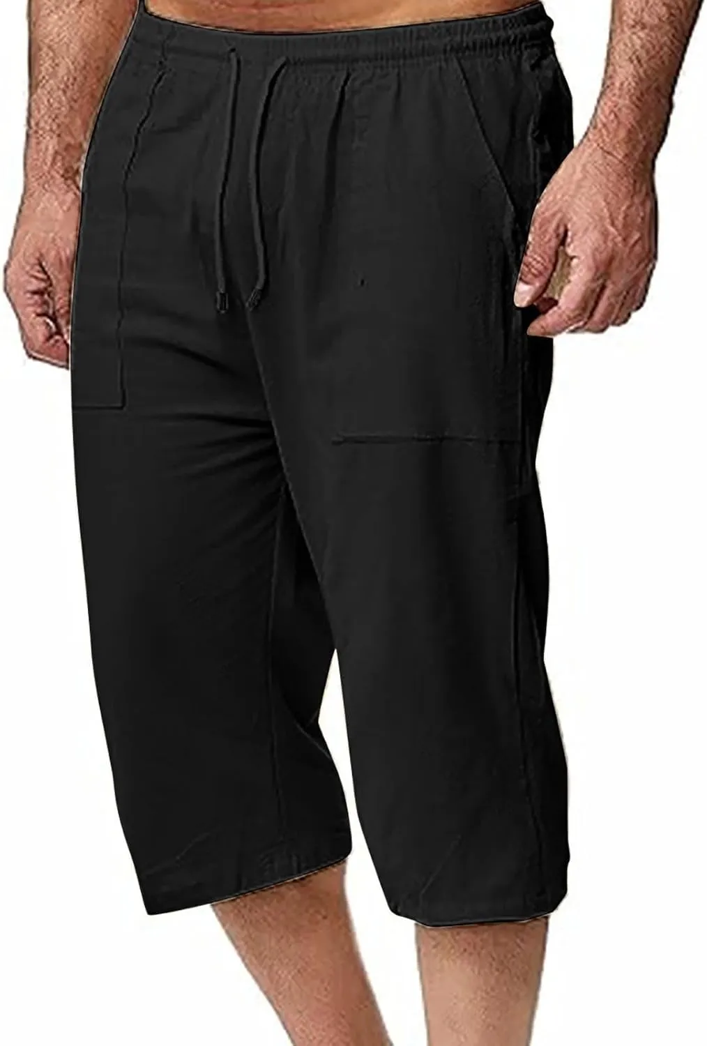Mens Linen Pants Capri Baggy Beach Pants with Pockets Elastic Waist Drawstring Trousers Casual Loose Cropped Pant