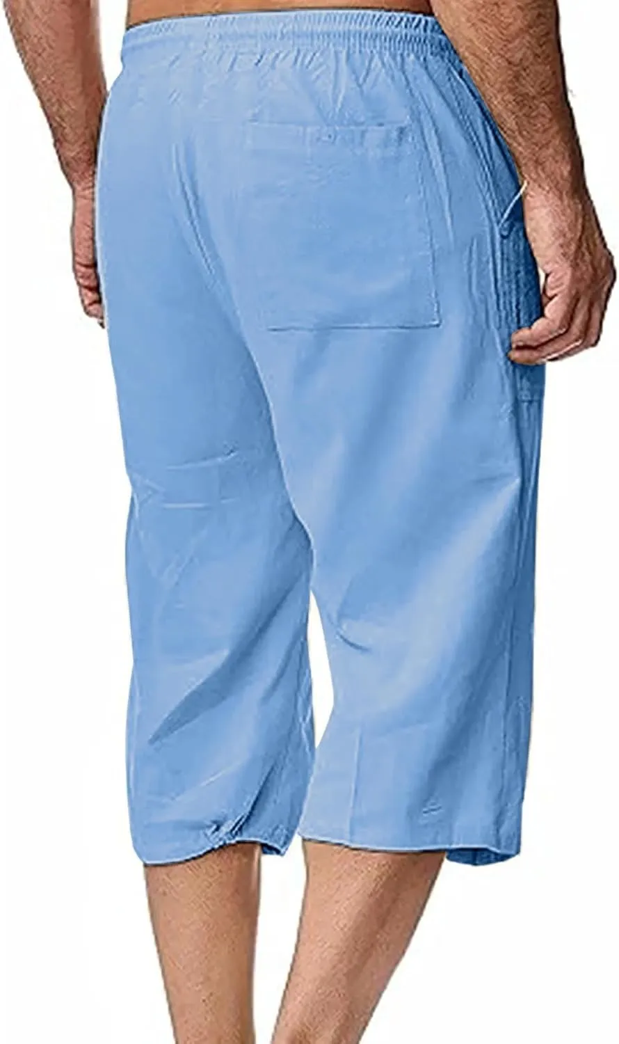 Mens Linen Pants Capri Baggy Beach Pants with Pockets Elastic Waist Drawstring Trousers Casual Loose Cropped Pant