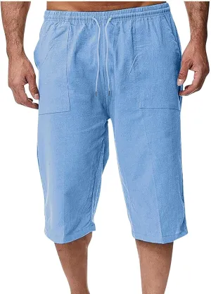 Mens Linen Pants Capri Baggy Beach Pants with Pockets Elastic Waist Drawstring Trousers Casual Loose Cropped Pant