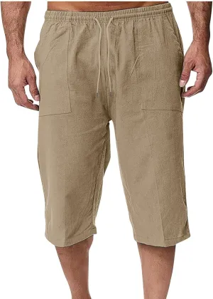 Mens Linen Pants Capri Baggy Beach Pants with Pockets Elastic Waist Drawstring Trousers Casual Loose Cropped Pant