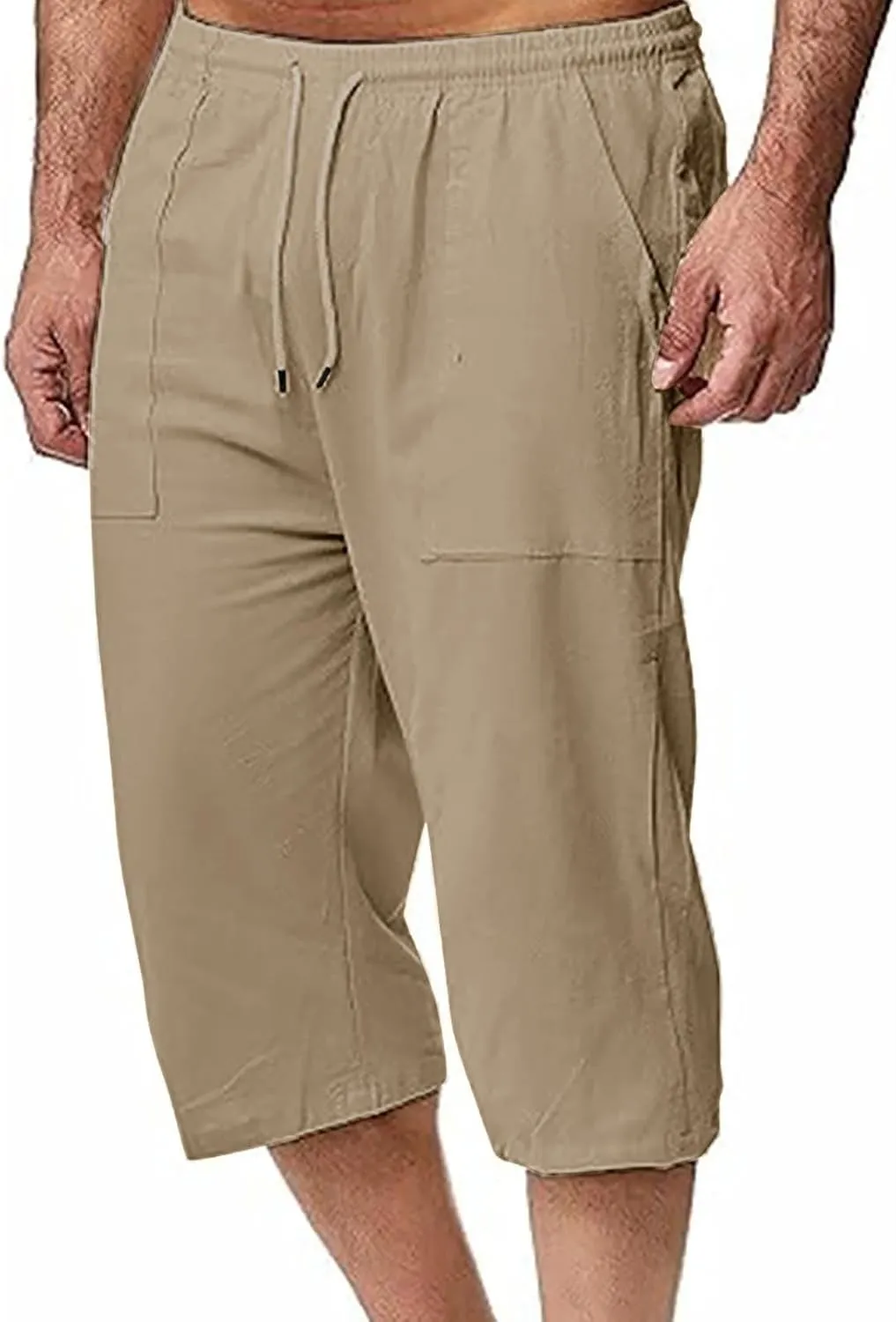 Mens Linen Pants Capri Baggy Beach Pants with Pockets Elastic Waist Drawstring Trousers Casual Loose Cropped Pant