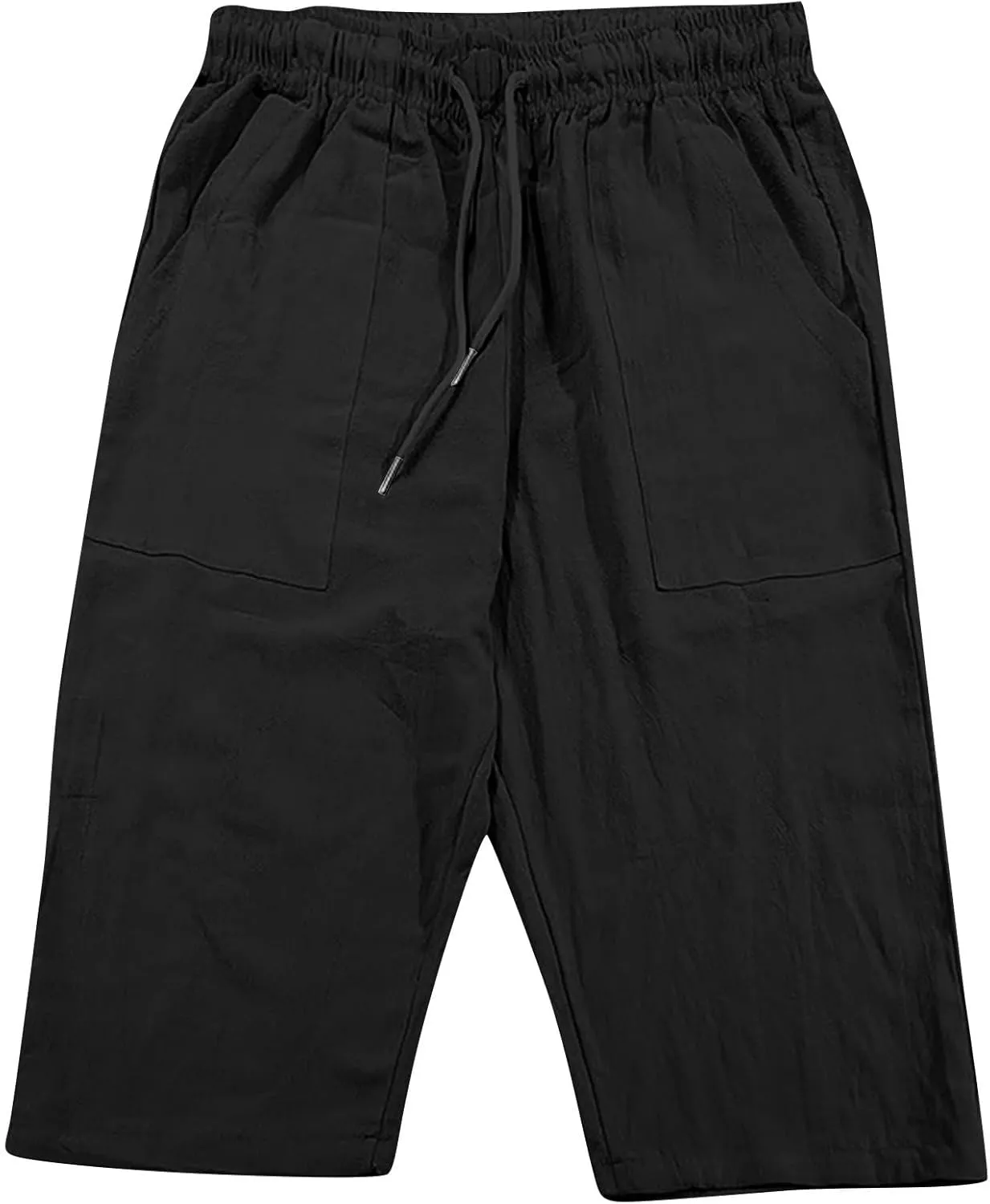 Mens Linen Pants Capri Baggy Beach Pants with Pockets Elastic Waist Drawstring Trousers Casual Loose Cropped Pant
