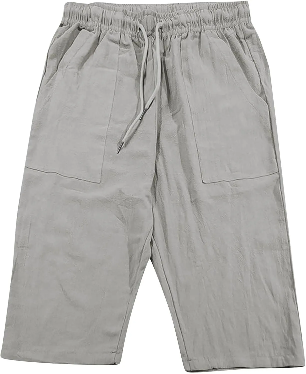 Mens Linen Pants Capri Baggy Beach Pants with Pockets Elastic Waist Drawstring Trousers Casual Loose Cropped Pant