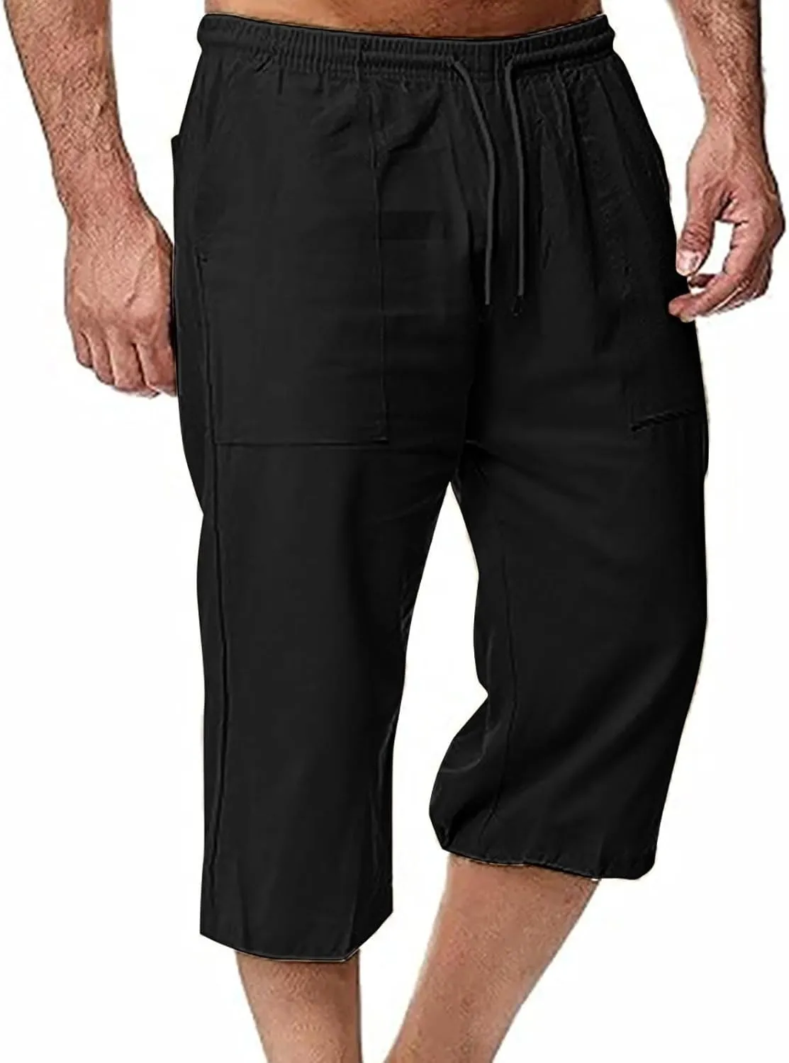 Mens Linen Pants Capri Baggy Beach Pants with Pockets Elastic Waist Drawstring Trousers Casual Loose Cropped Pant