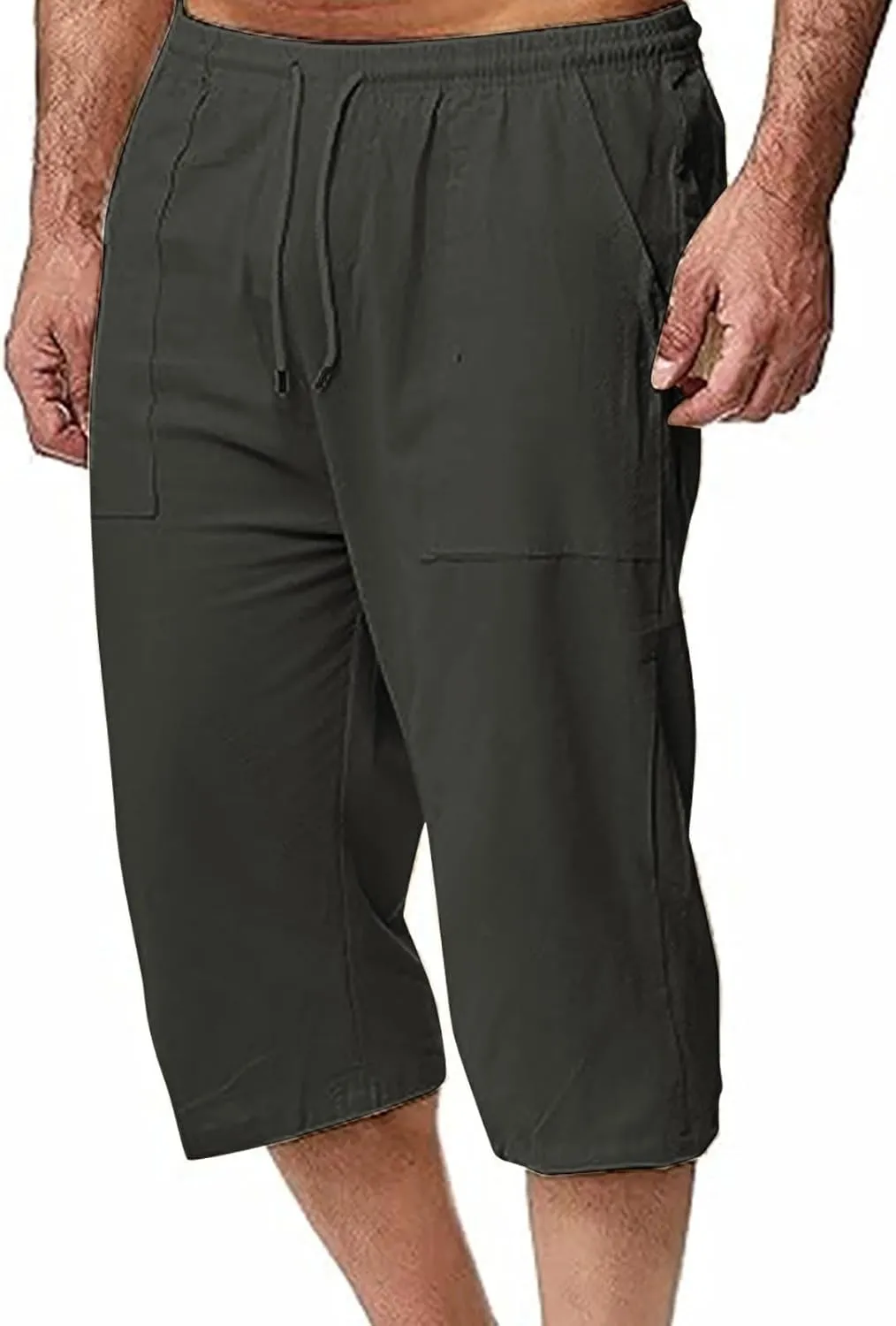 Mens Linen Pants Capri Baggy Beach Pants with Pockets Elastic Waist Drawstring Trousers Casual Loose Cropped Pant
