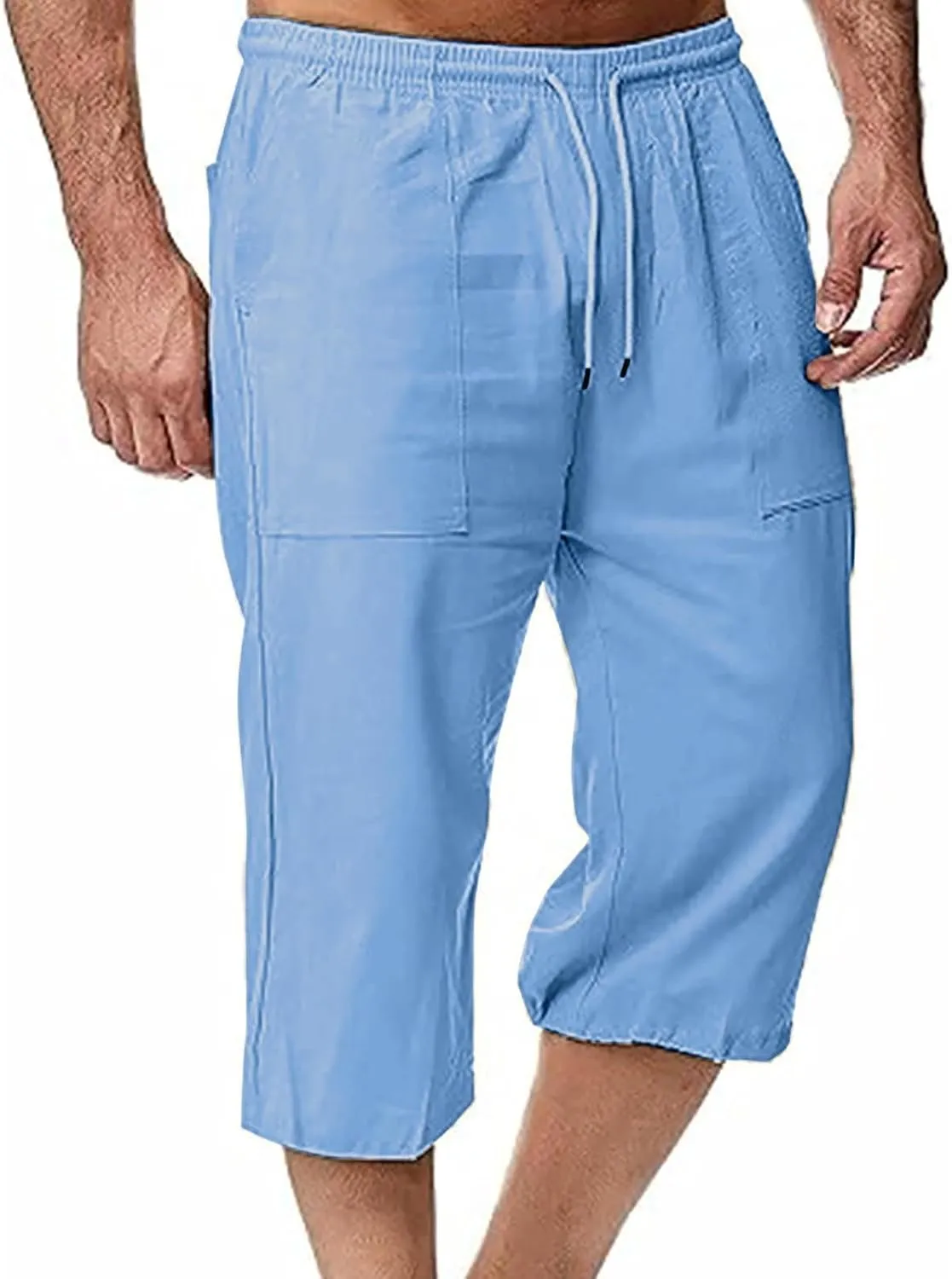 Mens Linen Pants Capri Baggy Beach Pants with Pockets Elastic Waist Drawstring Trousers Casual Loose Cropped Pant