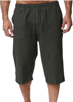 Mens Linen Pants Capri Baggy Beach Pants with Pockets Elastic Waist Drawstring Trousers Casual Loose Cropped Pant