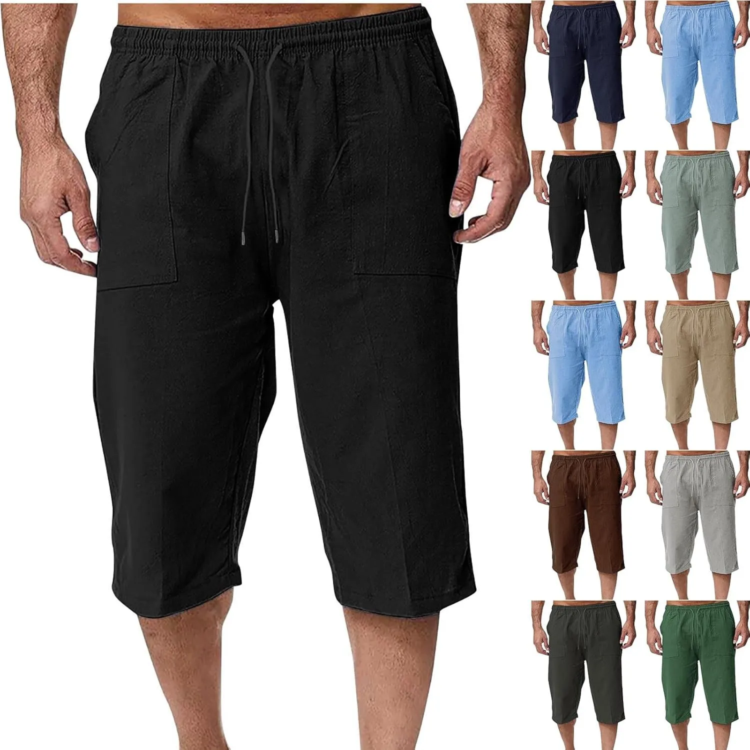 Mens Linen Pants Capri Baggy Beach Pants with Pockets Elastic Waist Drawstring Trousers Casual Loose Cropped Pant