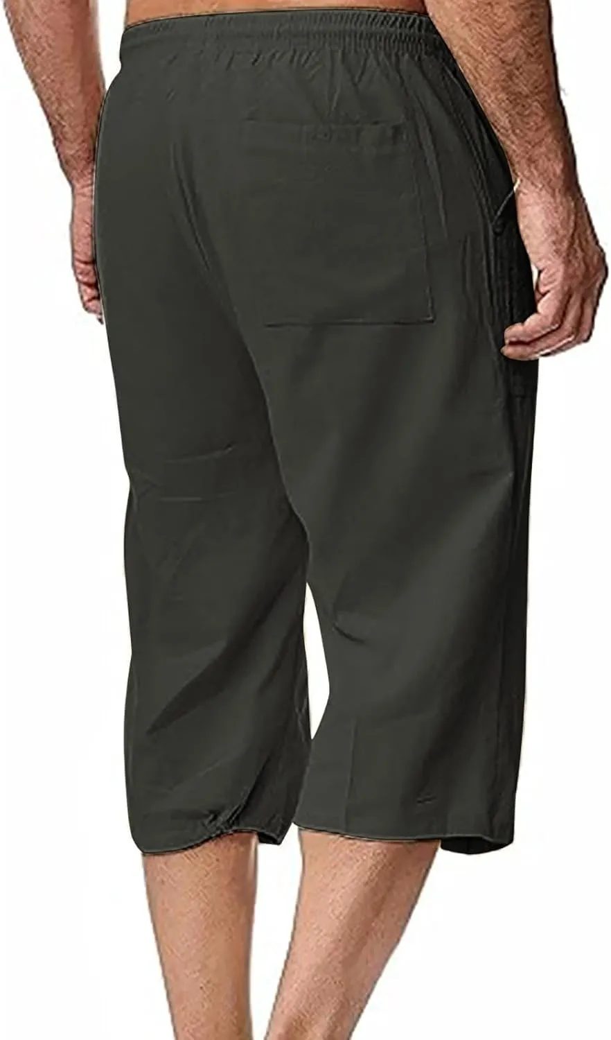 Mens Linen Pants Capri Baggy Beach Pants with Pockets Elastic Waist Drawstring Trousers Casual Loose Cropped Pant