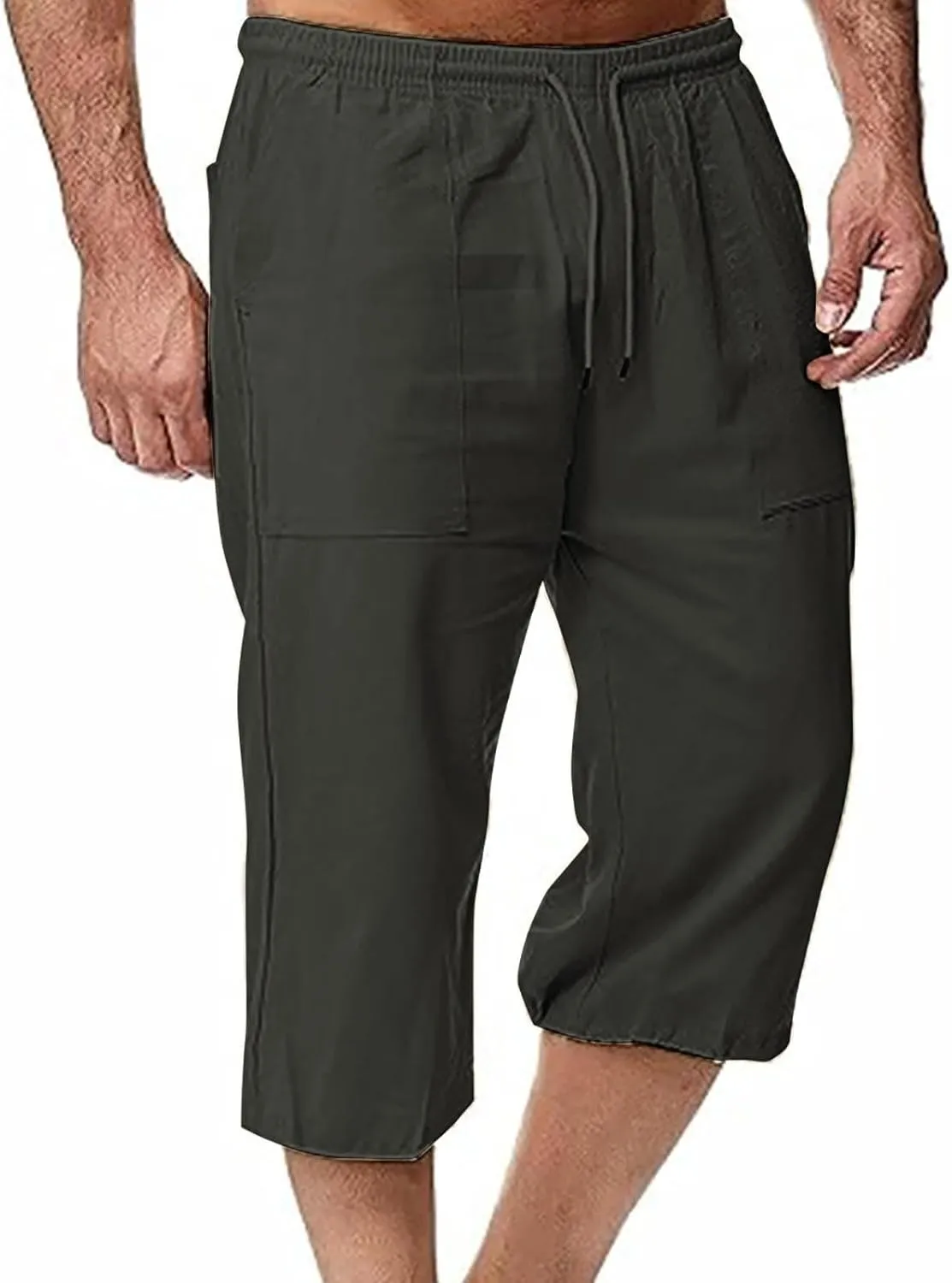 Mens Linen Pants Capri Baggy Beach Pants with Pockets Elastic Waist Drawstring Trousers Casual Loose Cropped Pant