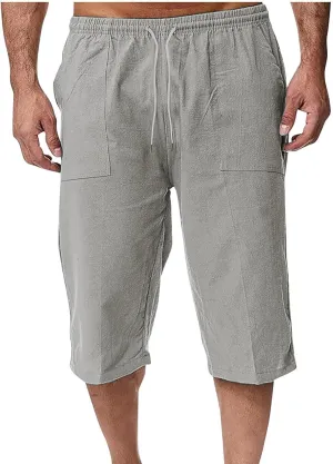 Mens Linen Pants Capri Baggy Beach Pants with Pockets Elastic Waist Drawstring Trousers Casual Loose Cropped Pant