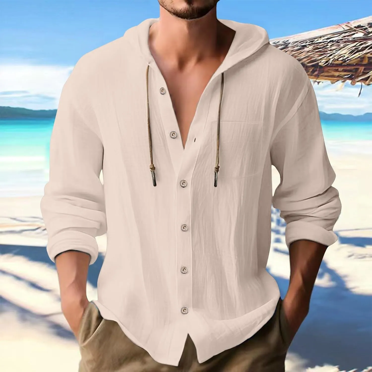 Mens Linen Shirts Casual Long Sleeves Button Down Hippie Shirt Roll-up Sleeve Summer Beach T-Shirts Tops with Hood
