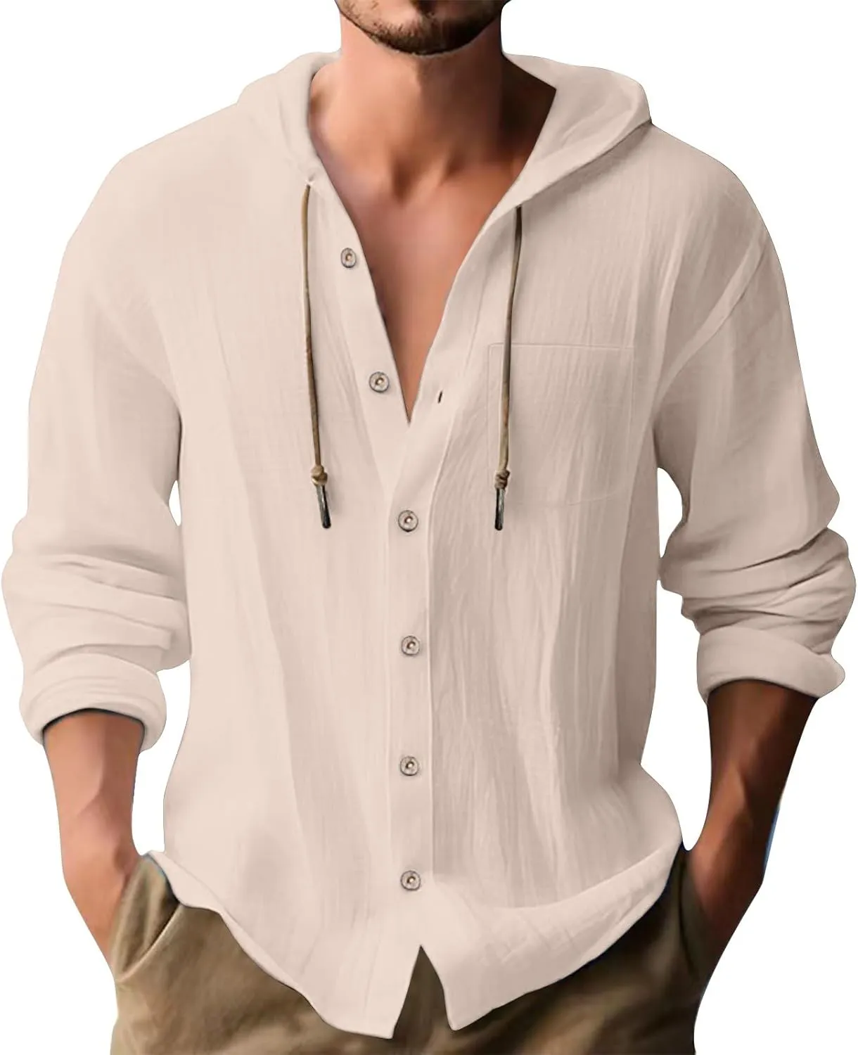 Mens Linen Shirts Casual Long Sleeves Button Down Hippie Shirt Roll-up Sleeve Summer Beach T-Shirts Tops with Hood