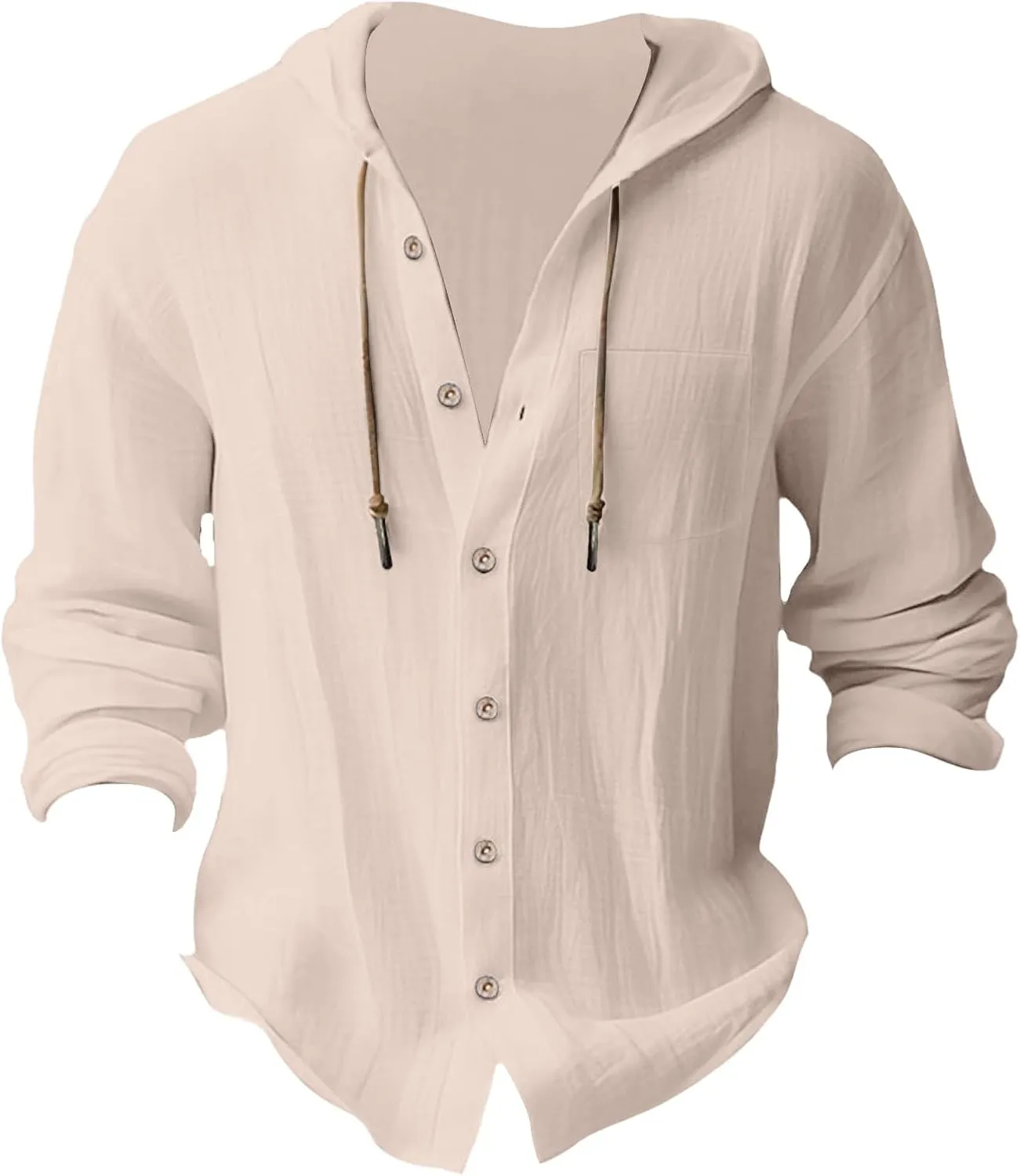 Mens Linen Shirts Casual Long Sleeves Button Down Hippie Shirt Roll-up Sleeve Summer Beach T-Shirts Tops with Hood