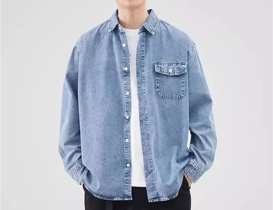 Men's Long Sleeve Casual Denim Shirt Vintage Washed Classic Jean Shirts with Pockets