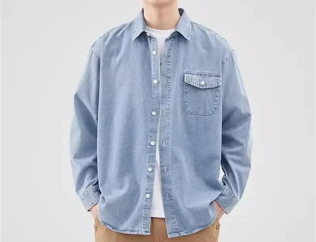 Men's Long Sleeve Casual Denim Shirt Vintage Washed Classic Jean Shirts with Pockets