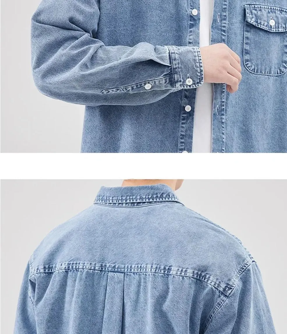 Men's Long Sleeve Casual Denim Shirt Vintage Washed Classic Jean Shirts with Pockets