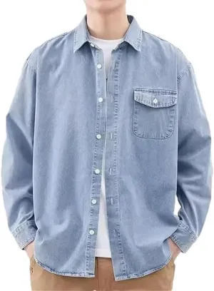 Men's Long Sleeve Casual Denim Shirt Vintage Washed Classic Jean Shirts with Pockets