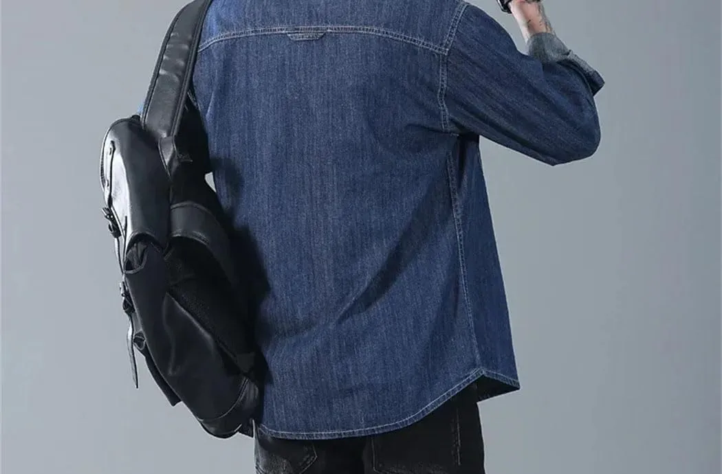 Men's Long Sleeved Denim Shirt Vintage Washed Jacket Loose Business Work Button Down Shirt