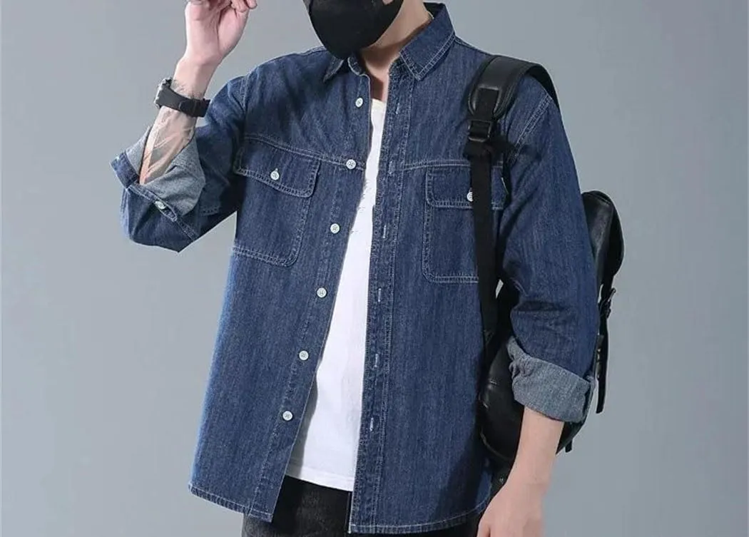 Men's Long Sleeved Denim Shirt Vintage Washed Jacket Loose Business Work Button Down Shirt