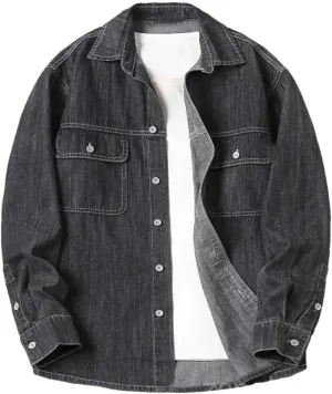 Men's Long Sleeved Denim Shirt Vintage Washed Jacket Loose Business Work Button Down Shirt