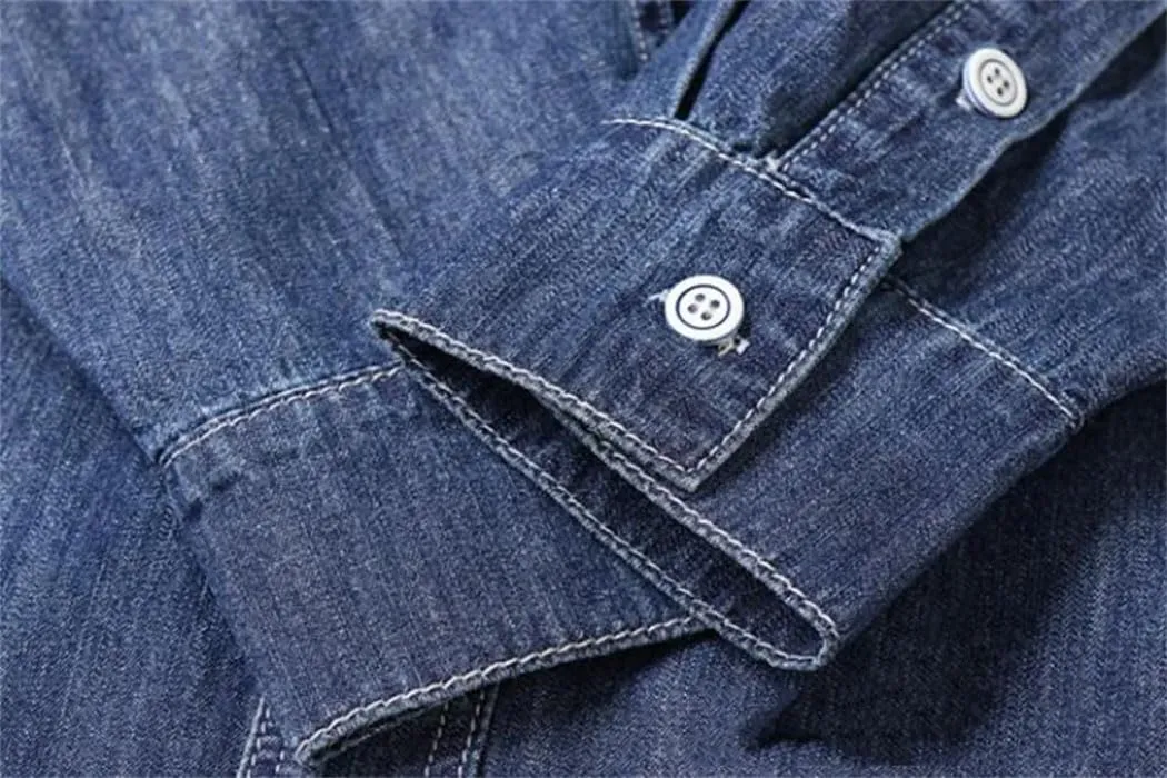Men's Long Sleeved Denim Shirt Vintage Washed Jacket Loose Business Work Button Down Shirt