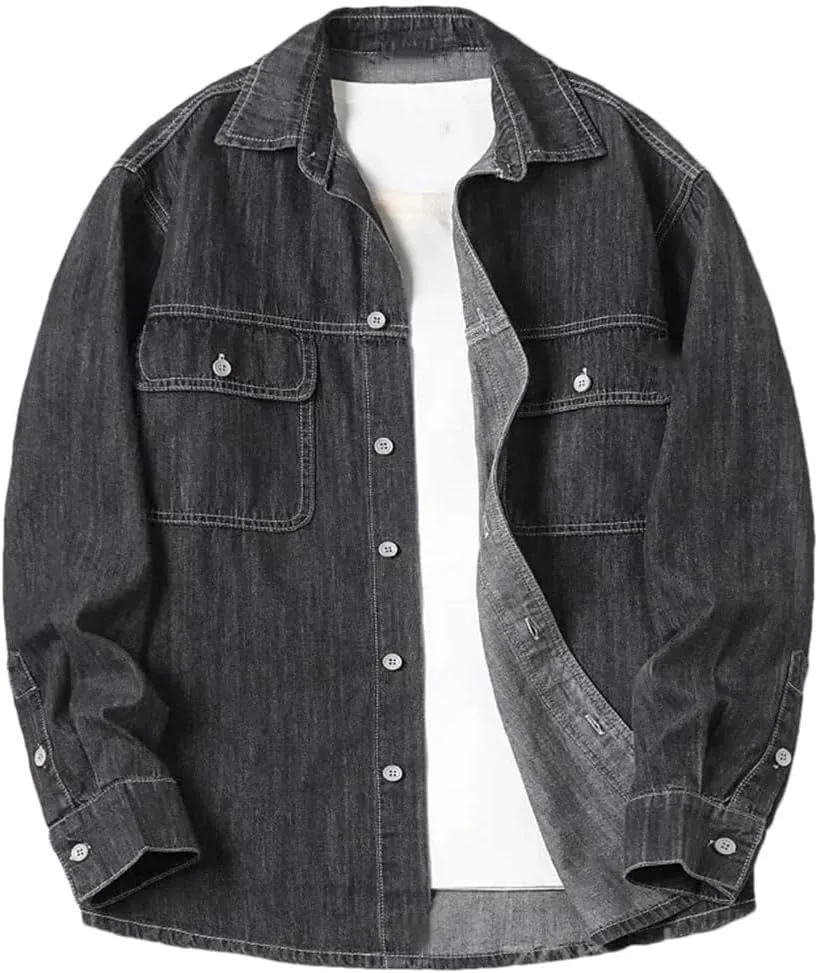 Men's Long Sleeved Denim Shirt Vintage Washed Jacket Loose Business Work Button Down Shirt