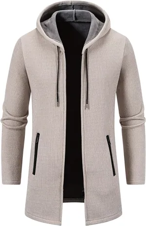 Men's Long Wool Overcoat Winter Thermal Jackets Comfy Fleece Lined Full Zip up Coats Soild Trench Coat with Pockets