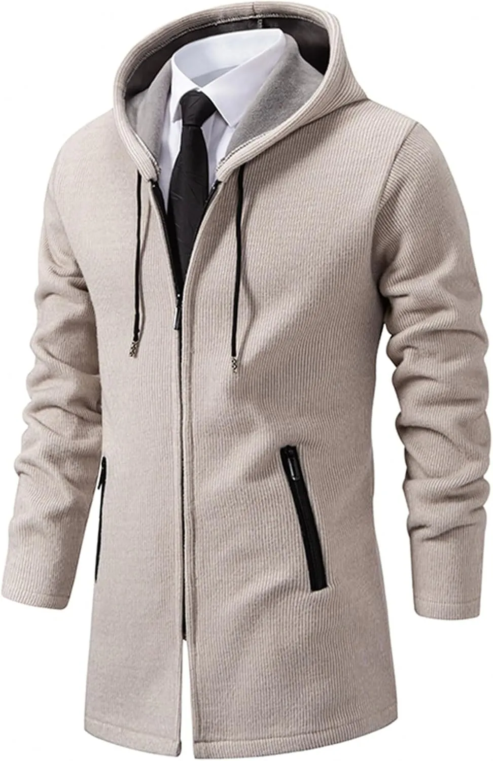 Men's Long Wool Overcoat Winter Thermal Jackets Comfy Fleece Lined Full Zip up Coats Soild Trench Coat with Pockets