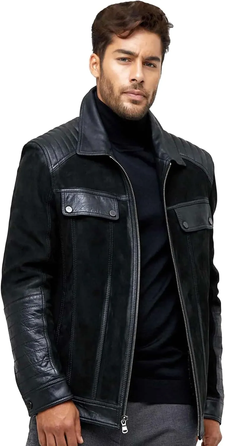 Men's Motorcycle Black Suede Leather Jacket Classic Genuine Sheepskin Leather Jacket