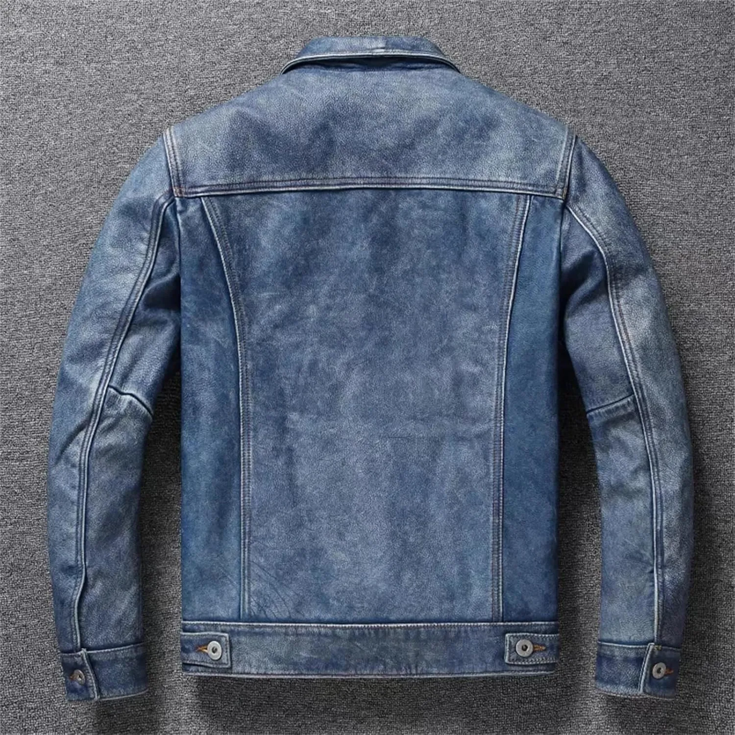 Men's Motorcycle Leather Jacket Light Blue Distressed Denim Genuine Leather Jacket Slim Short Coat