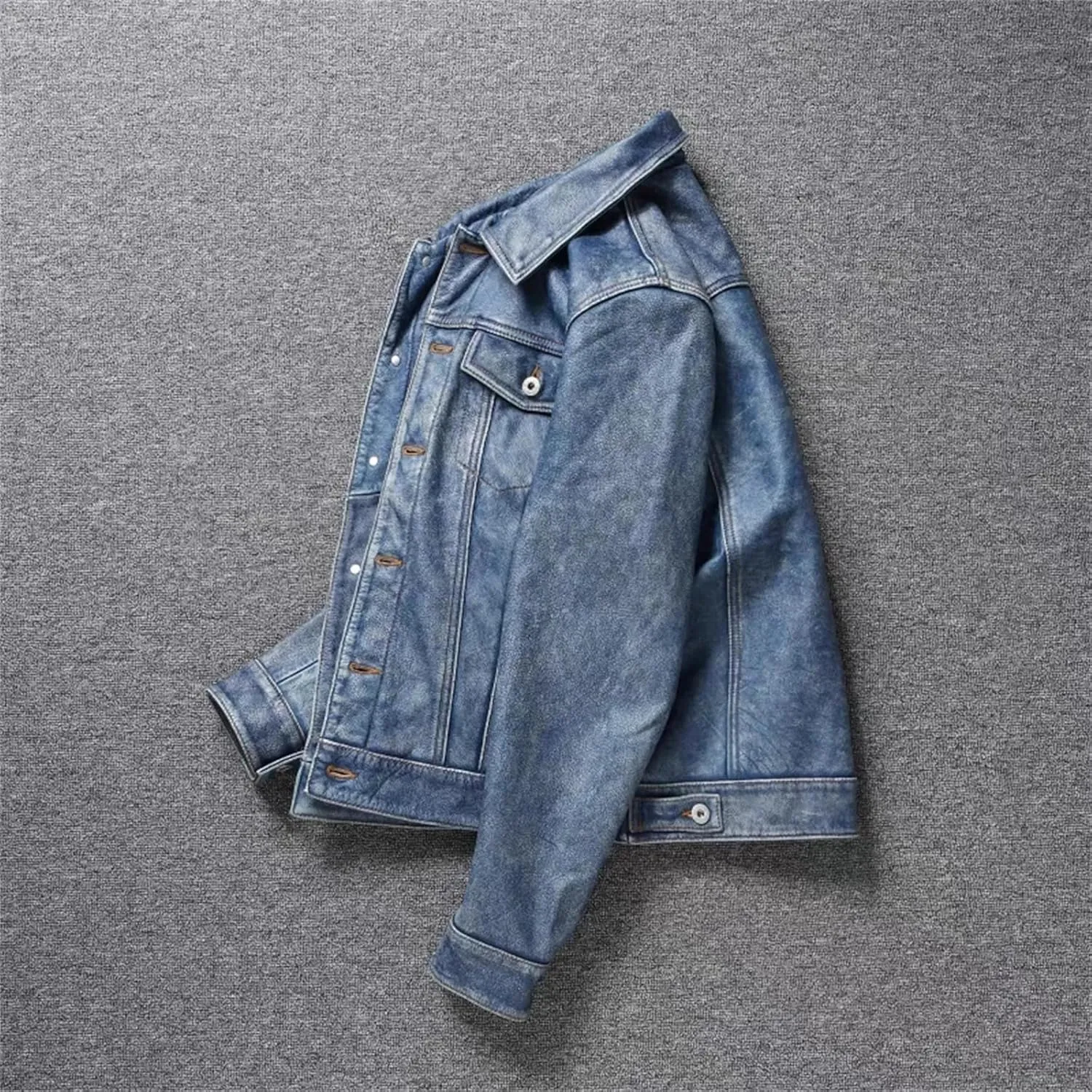 Men's Motorcycle Leather Jacket Light Blue Distressed Denim Genuine Leather Jacket Slim Short Coat