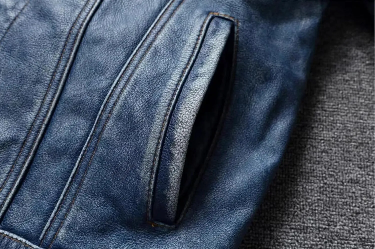 Men's Motorcycle Leather Jacket Light Blue Distressed Denim Genuine Leather Jacket Slim Short Coat