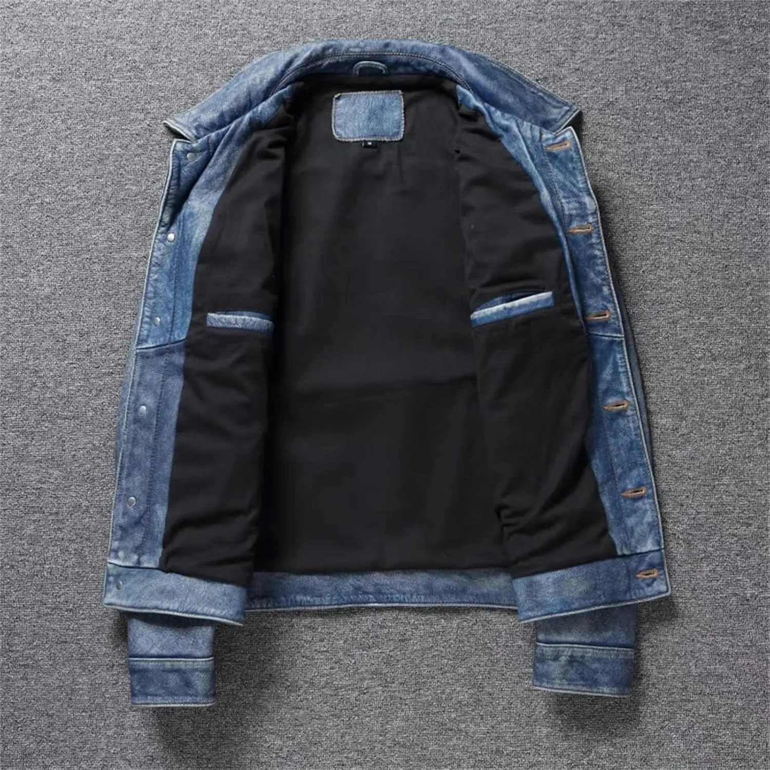 Men's Motorcycle Leather Jacket Light Blue Distressed Denim Genuine Leather Jacket Slim Short Coat