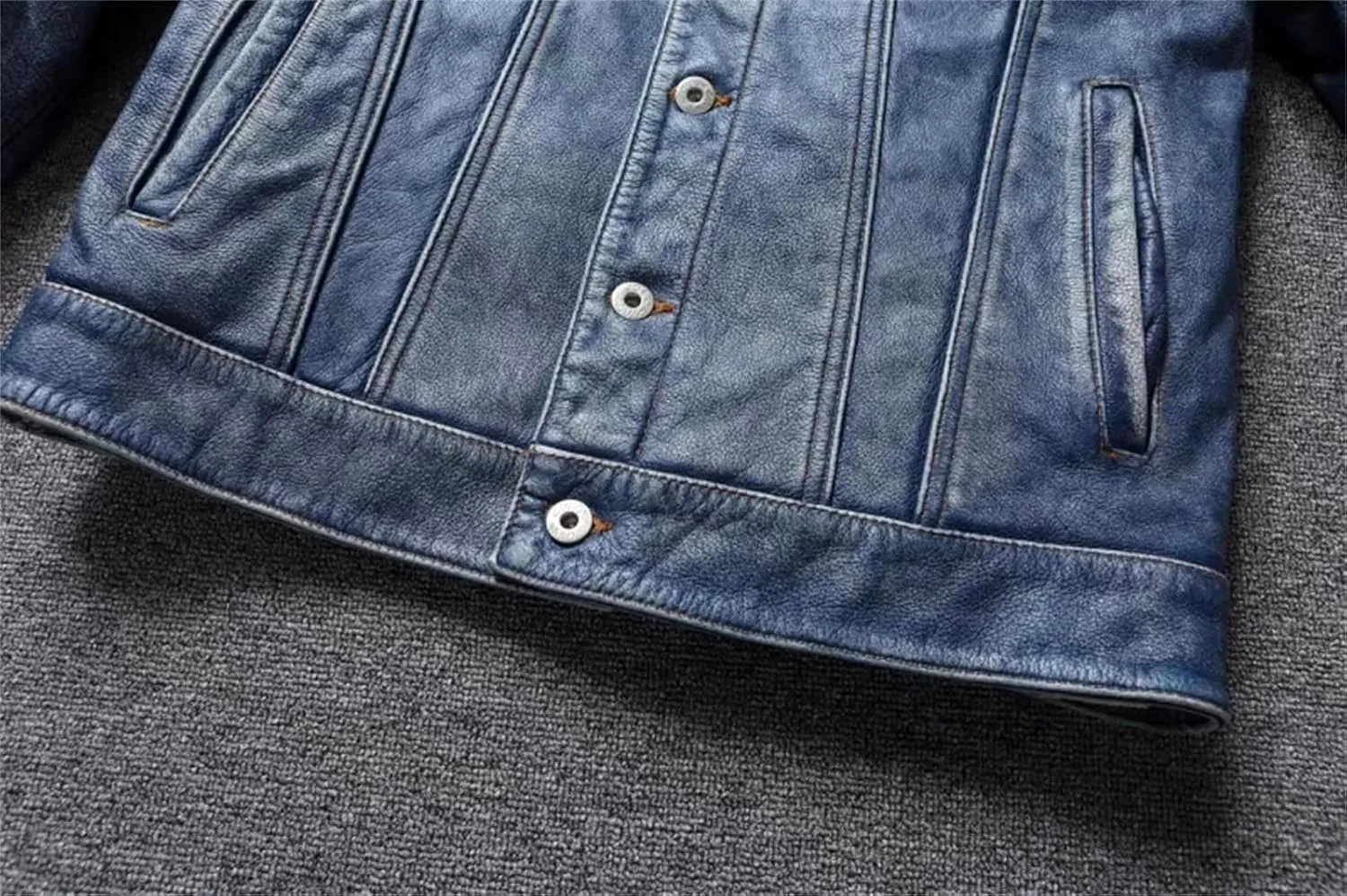 Men's Motorcycle Leather Jacket Light Blue Distressed Denim Genuine Leather Jacket Slim Short Coat