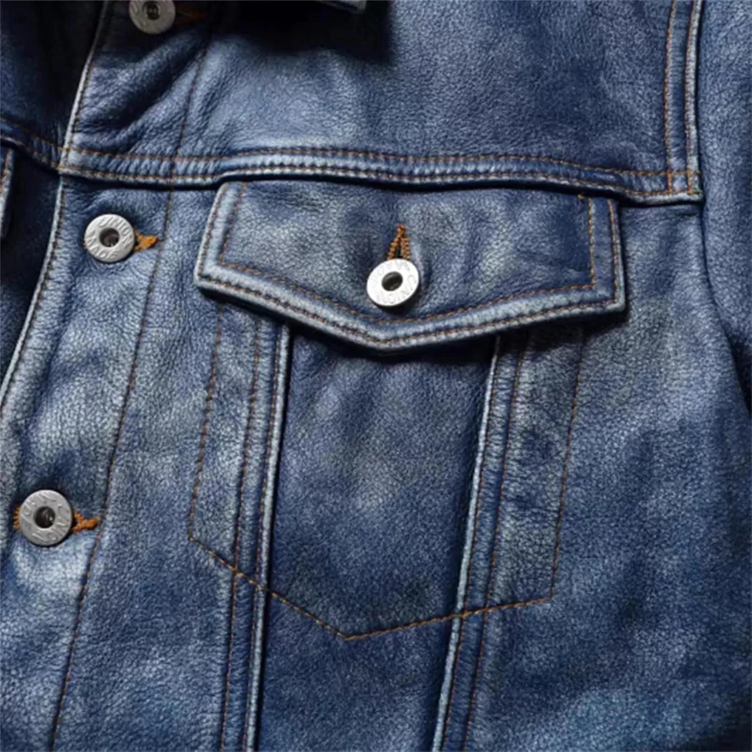 Men's Motorcycle Leather Jacket Light Blue Distressed Denim Genuine Leather Jacket Slim Short Coat