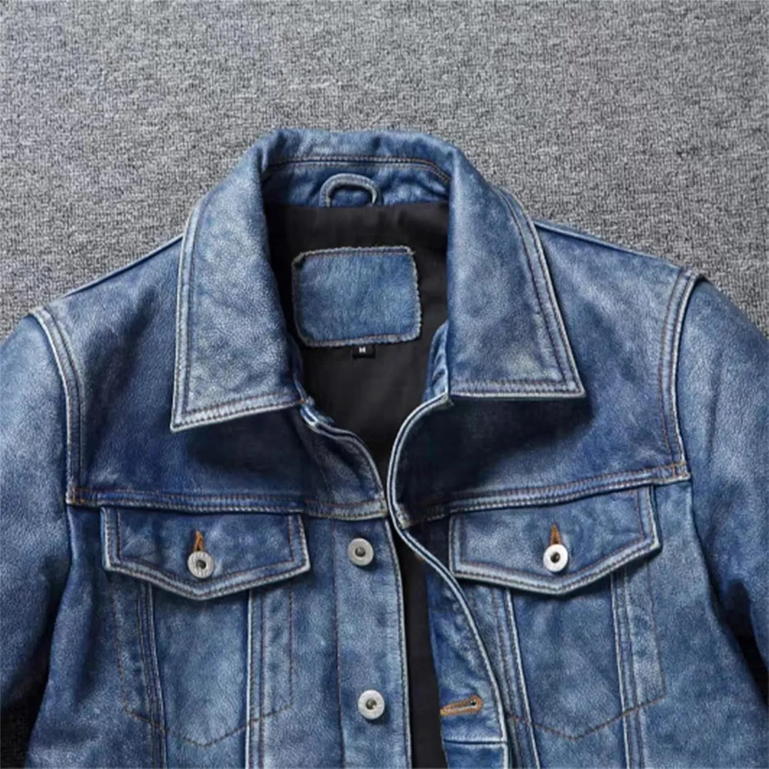 Men's Motorcycle Leather Jacket Light Blue Distressed Denim Genuine Leather Jacket Slim Short Coat