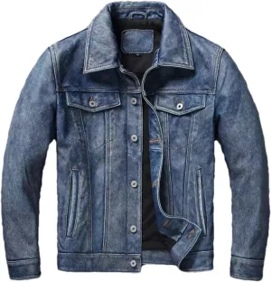 Men's Motorcycle Leather Jacket Light Blue Distressed Denim Genuine Leather Jacket Slim Short Coat