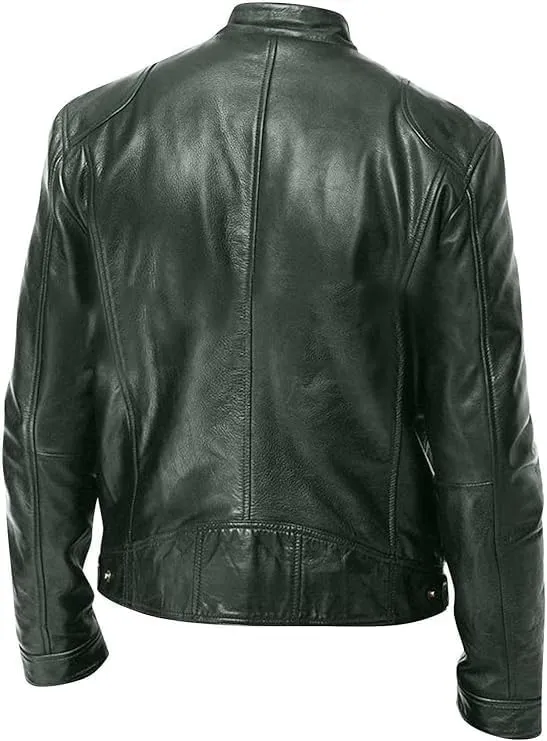 Men's Multi Pocket Pu Leather Jacket Stand Collar Zipper Cardigan Motorcycle Bomberjackets Zip Up Biker Outwear