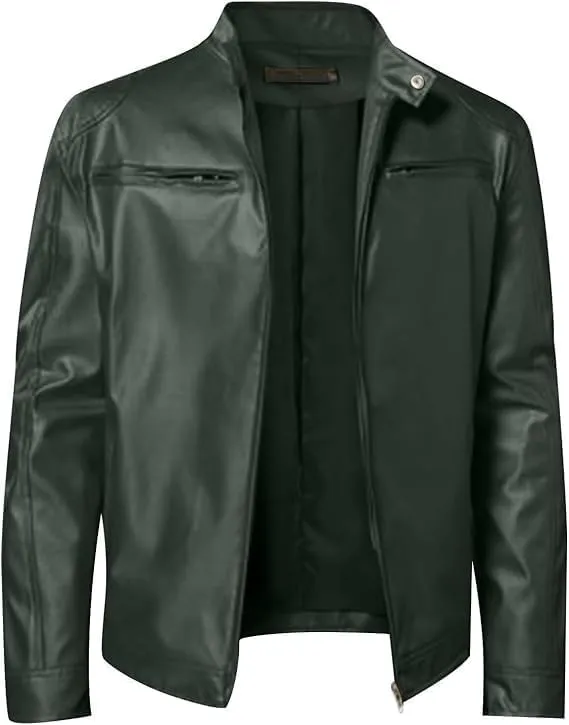 Men's Multi Pocket Pu Leather Jacket Stand Collar Zipper Cardigan Motorcycle Bomberjackets Zip Up Biker Outwear