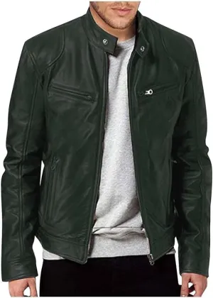 Men's Multi Pocket Pu Leather Jacket Stand Collar Zipper Cardigan Motorcycle Bomberjackets Zip Up Biker Outwear