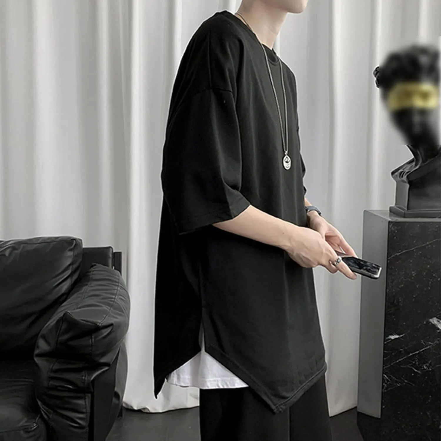 Men's Oversized Half Short Sleeves Heavyweight Cotton Crew Neck T-Shirt Casual Loose Hip-hop Tee Tops