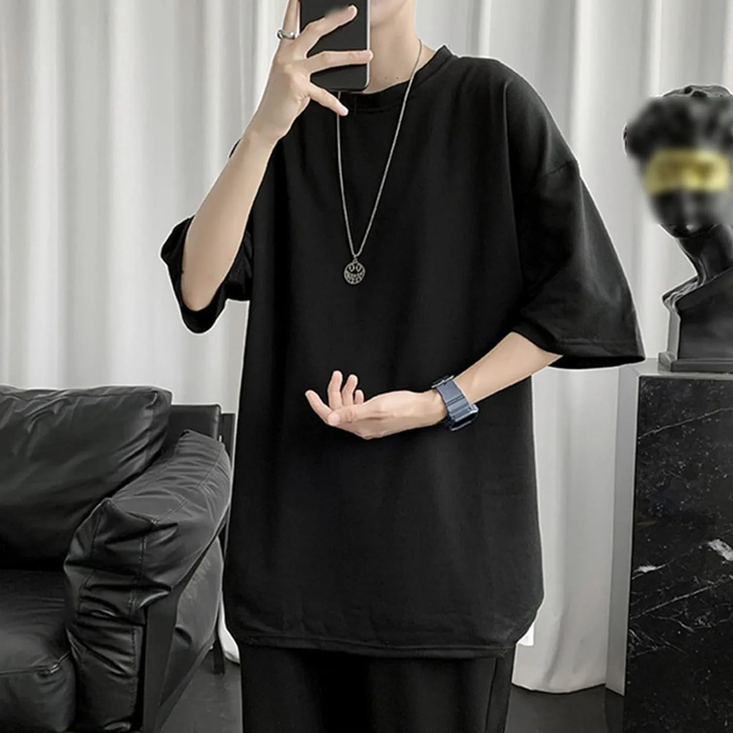 Men's Oversized Half Short Sleeves Heavyweight Cotton Crew Neck T-Shirt Casual Loose Hip-hop Tee Tops