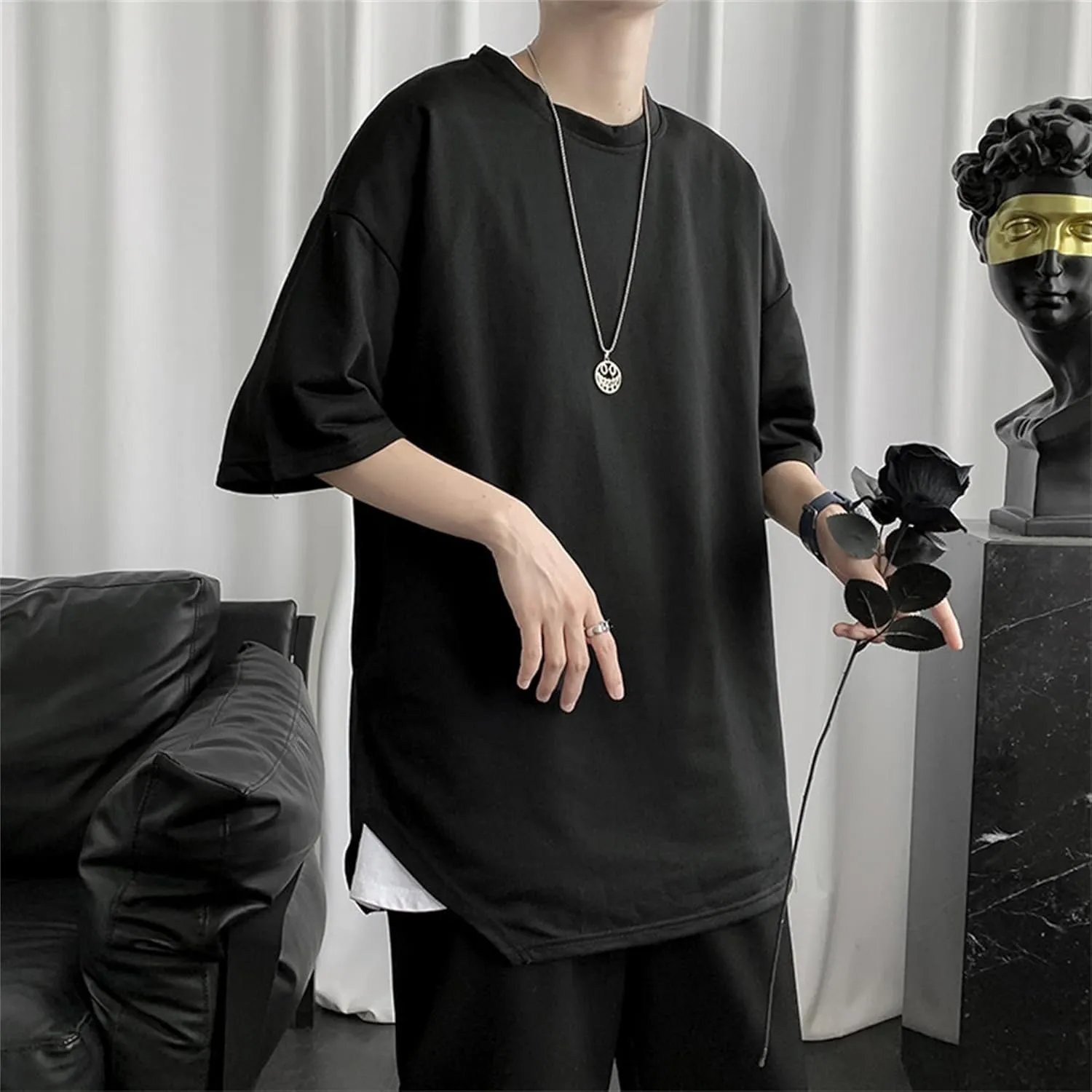 Men's Oversized Half Short Sleeves Heavyweight Cotton Crew Neck T-Shirt Casual Loose Hip-hop Tee Tops
