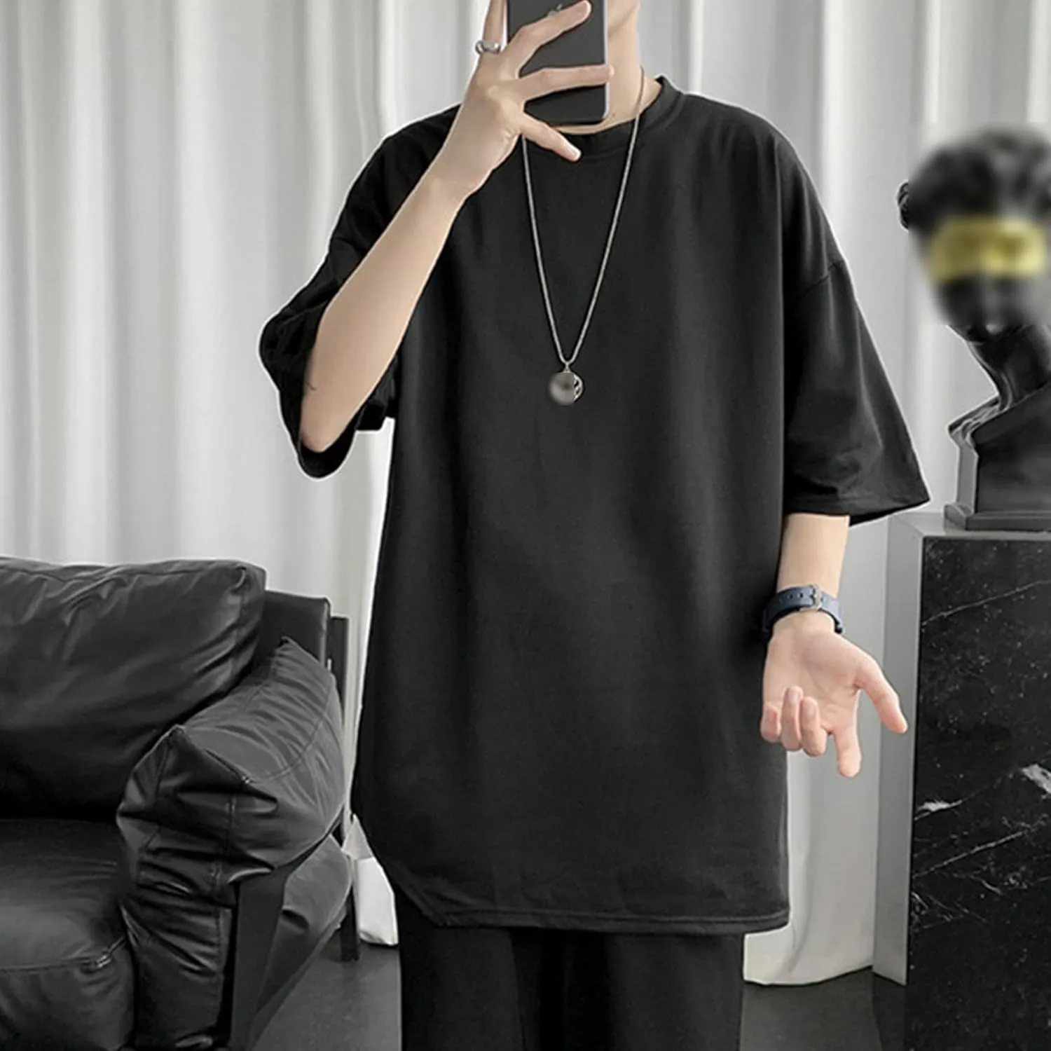 Men's Oversized Half Short Sleeves Heavyweight Cotton Crew Neck T-Shirt Casual Loose Hip-hop Tee Tops