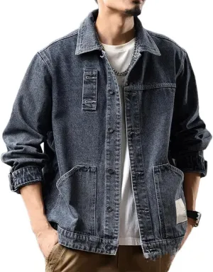 Men's Oversized Loose Denim Shirt Long Sleeve Lapel Vintage Washed Button Down Shirt
