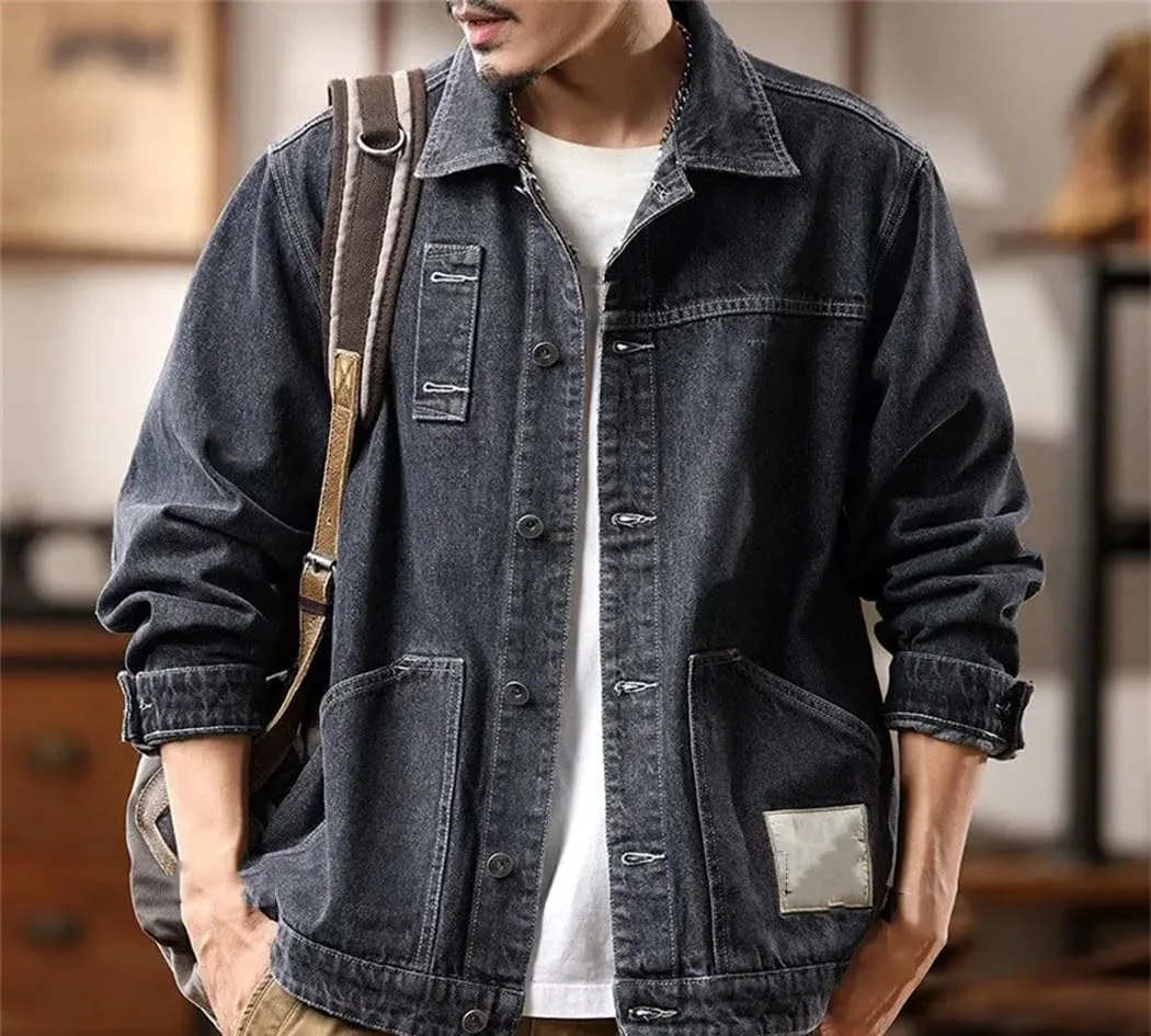 Men's Oversized Loose Denim Shirt Long Sleeve Lapel Vintage Washed Button Down Shirt