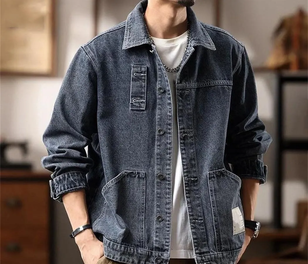 Men's Oversized Loose Denim Shirt Long Sleeve Lapel Vintage Washed Button Down Shirt